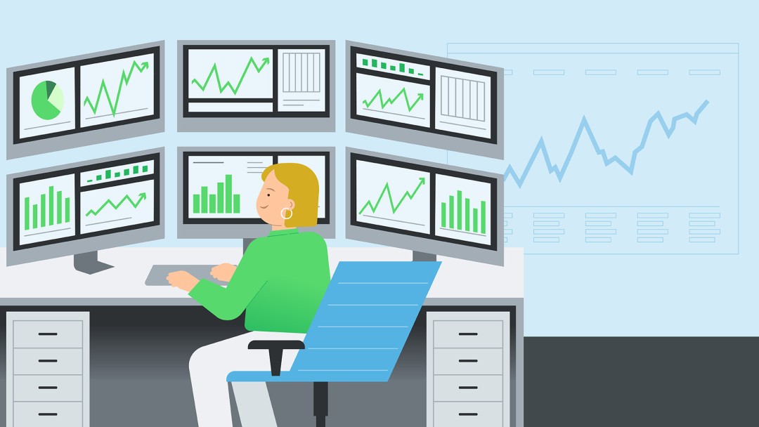 One person sits in front of six computer monitors displaying current financial charts
