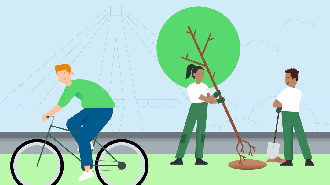 In the foreground is a bicycle and people planting a tree. In the background a train