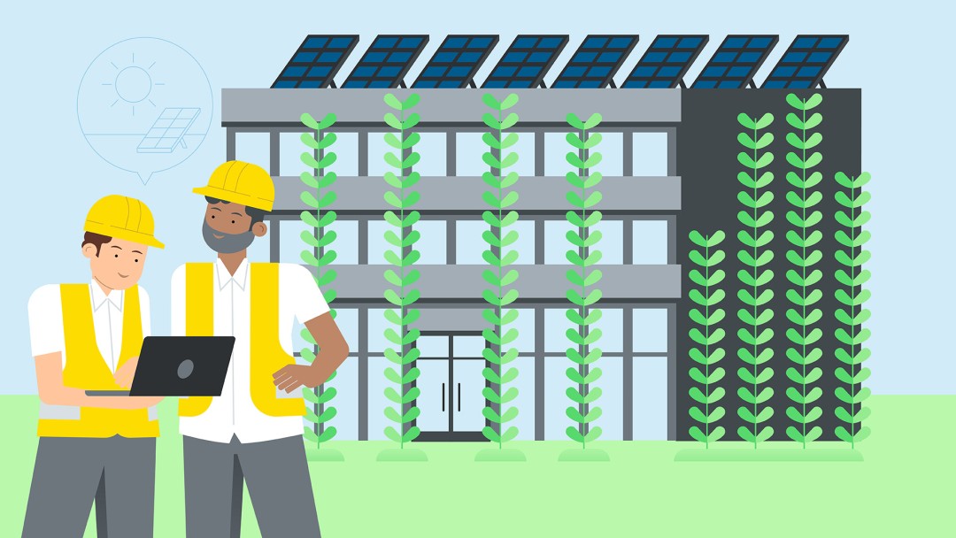 Two workers stand in front of a building, the Mainova Webhouse, and plan