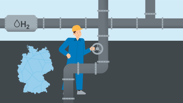 A worker on a hydrogen pipeline, next to a map of Germany
