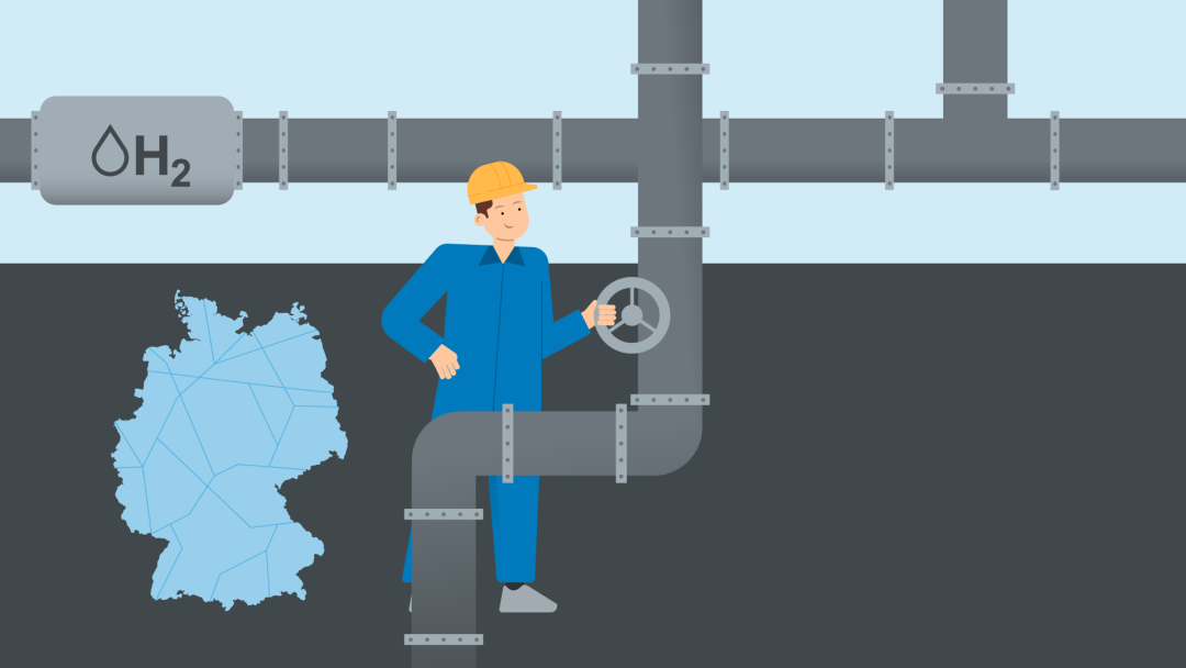 A worker on a hydrogen pipeline, next to a map of Germany
