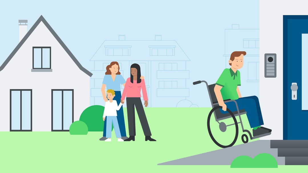 In the foreground, a person in a wheelchair drives into a house, next to him a couple with children. Various houses in the background
