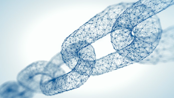 Digitale Kettenstruktur aus vernetzten Punkten. Symbol für Blockchain, Datensicherheit und digitale Vernetzung.