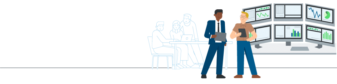 Eine animierte Zahl zählt links im Bild auf 71,0 Mrd. EUR hoch. So hoch ist das Refinanzierungsvolumen der KfW 2025 gewesen. Rechts stehen zwei Mäner vor diversen Bildschitmen mit Graphen und sind angeregt im Gespräch.