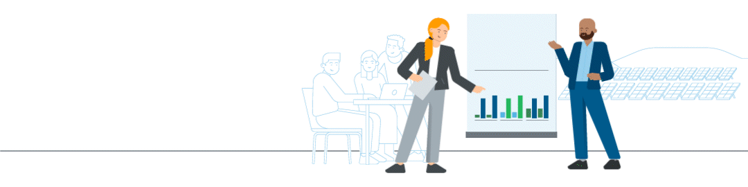 Mit 67% sind 2025 mehr Zusagen in Form von rückzahlbaren Krediten erfolgt, als 2024. 12% mehr als 2024. Die Zahl links zählt auf die 67% hoch. Rechts stehen ein Mann und eine Frau an einem Board und besprechen anhand von Graphen Entwicklungen.