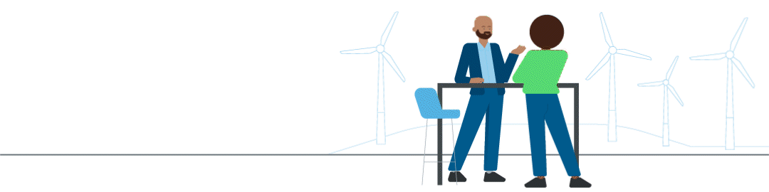 IPEX tätigte 2025 24,2 Mrd. EUR Neuzusagen. Linkks zählt eine Animation auf diese Summe hoch. Rechts stehen an einem Stehtisch 2 Personen, offenbar im Gespräch.