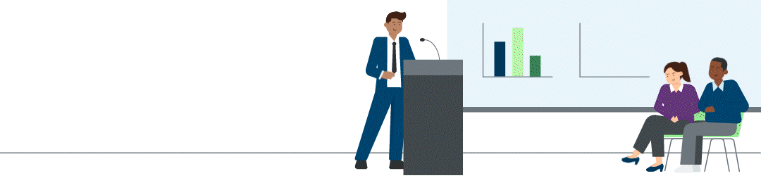 Animation des Gesamtgeschäfts. 98 Mrd. Euro. Ein Mann steht an einem Rednerpult. Ihm gegenüber sitzen Zuhörende. Im Hintergrund bewegen sich Balken und Graphen.