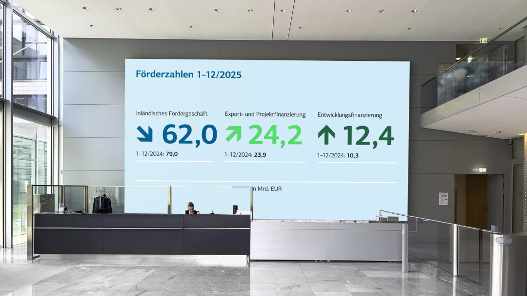 Foyer der KfW Bankengruppe mit Screen "Förderzahlen 2025"