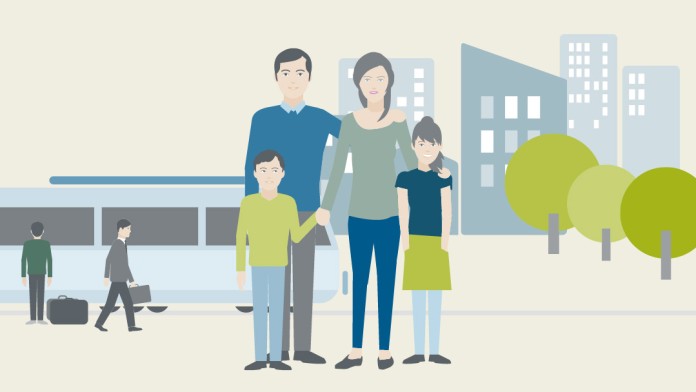 Illustration einer Familie vor einer Stadtskyline zum Thema Gesellschaftliches Engagement