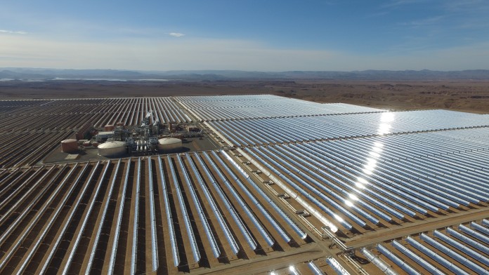 Aerial view of a solar power plant in the desert 