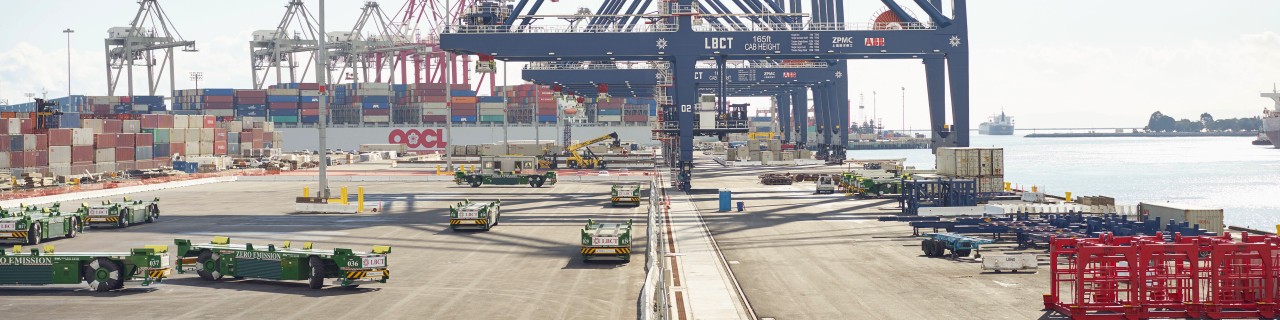Containerhafen mit Lastkränen und automatischen führerlosen Containertransportfahrzeugen