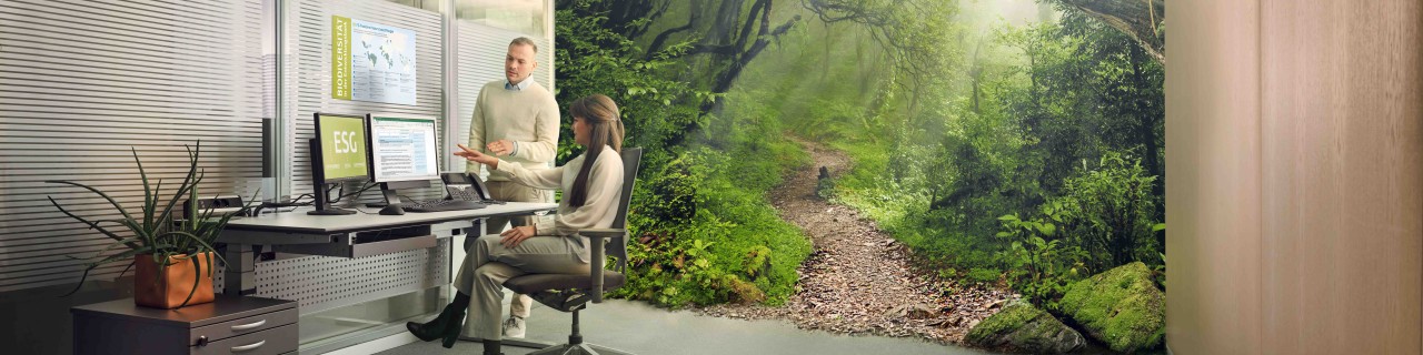 Eine Mitarbeiterin der KfW sitz an einem Arbeitsplatz und zeigt ihrem Kollegen, der an ihrem Tisch steht, Auswertungen zum Thema ESG auf einem Bildschirm. An der Wand hängt ein Poster über Biodiversität. Im Hintergrund sieht man einen sattgrünen Urwald.