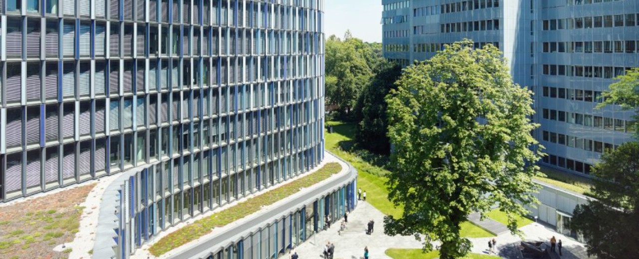 Sicht auf KfW Standort Frankfurt, mehrere Hochhäuser mit Glasfronten, Innenhof mit Bäumen