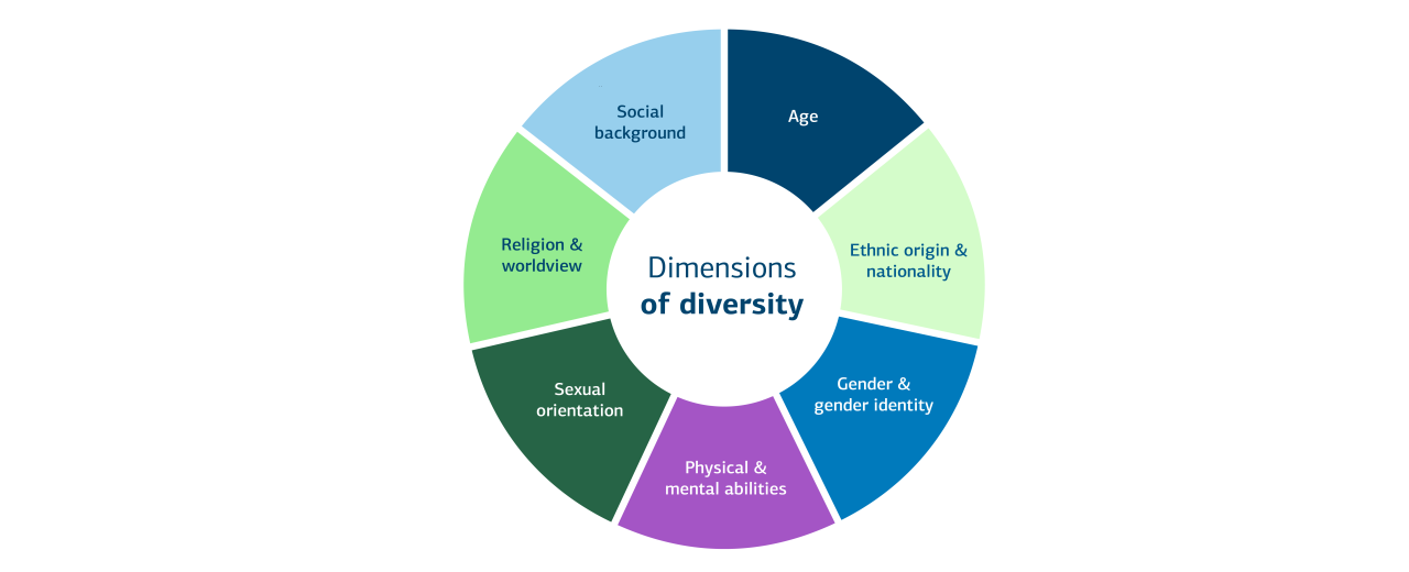Graphic on the dimensions of diversity: age, migration history & nationality, gender & gender identity, physical & mental abilities, sexual orientation, religion & worldview, social background