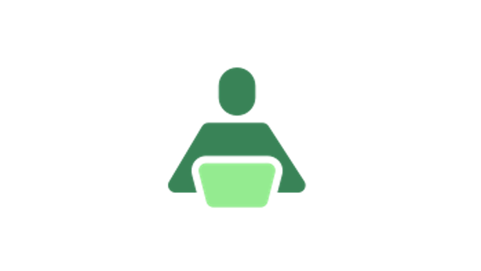 Icon mit einer Person, die an einem Laptop arbeitet in grün