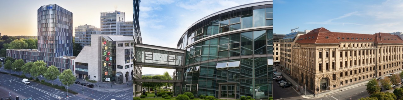 Collage der Außenansichten der KfW in Frankfurt, Bonn und Berlin.