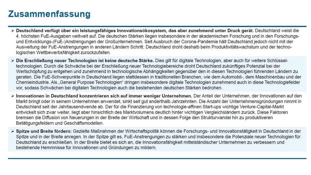 Zusammenfassung der Ergebnisse des Chartbooks Innovationsökosystem in Deutschland