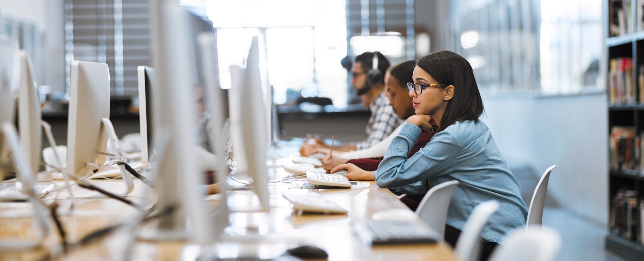 Aufnahme einer Gruppe von Universitätsstudenten bei der Arbeit an Computern in der Bibliothek