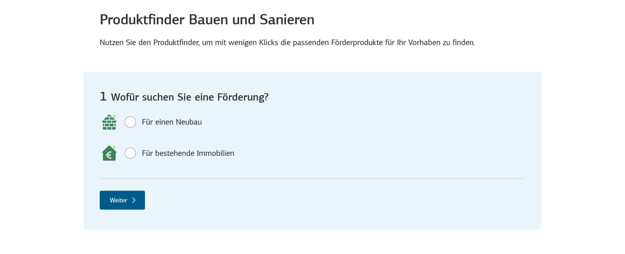 Screenshot einer Webseite mit dem Titel 'Produktfinder Bauen und Sanieren', zwei Auswahlfeldern mit Symbolen für Neubau und bestehende Immobilien sowie einem blauen Weiter-Button.