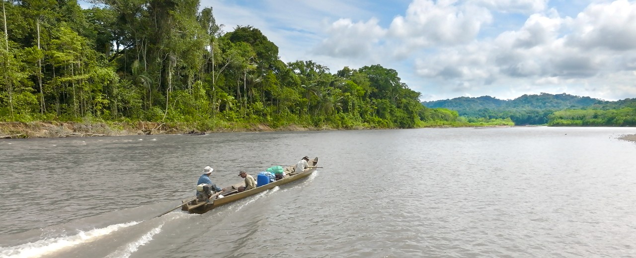 Drei Männer in einem kleinen Kanu auf einem Fluss neben dem Regenwald.