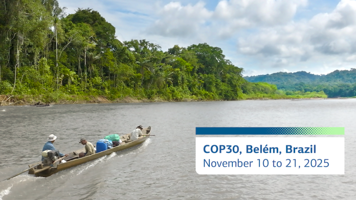 Three men in a small canoe on a river next to the rainforest.