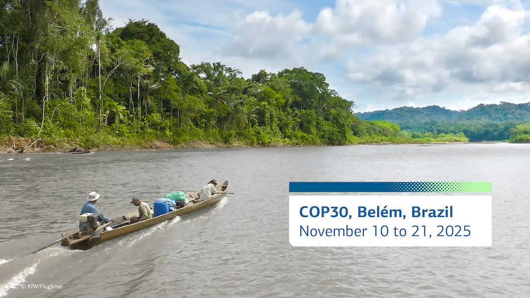 Three men in a small canoe on a river next to the rainforest.