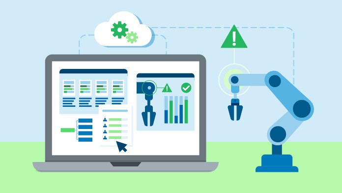 Grafik mit Abbildung eines Computerarms und Monitors, Icons und Strichen