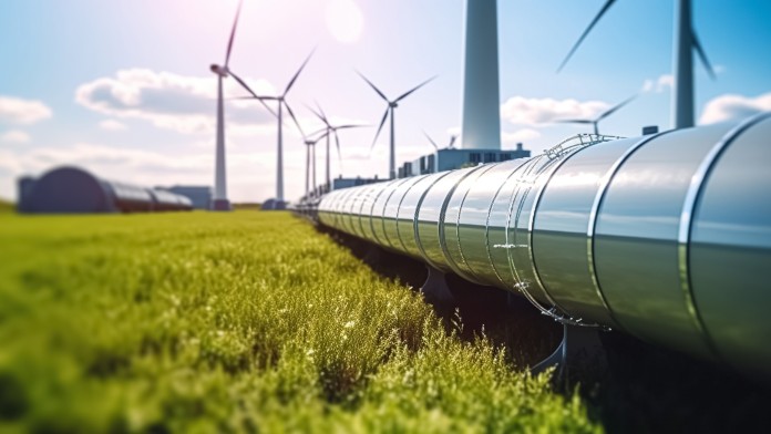 A hydrogen pipeline with wind turbines in the background