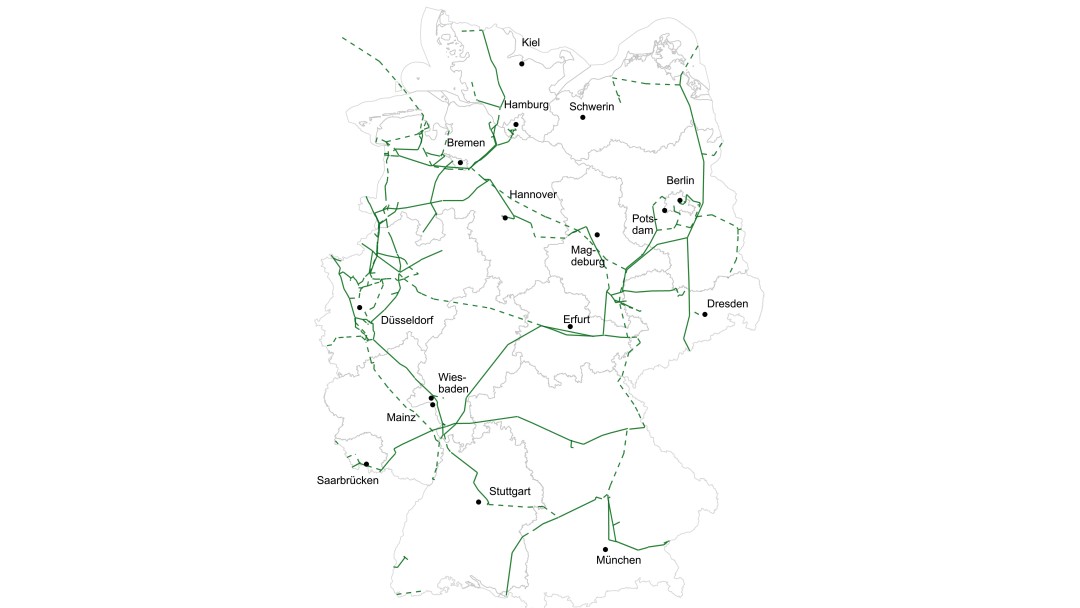 Karte des genehmigten Wasserstoff-Kernnetzes in Deutschland
