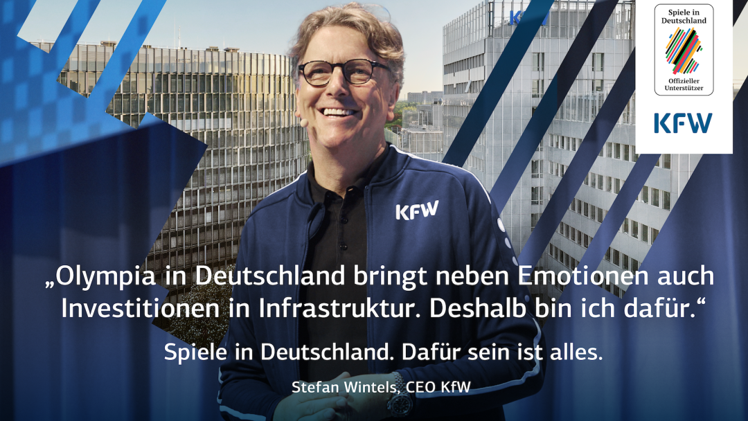 Drohnenaufnahmen des KFW Standorts Frankfurt am Main aus Mai 2020. Blick auf das Haupthaus mit KfW Logo und Fernsehturm im Hintergrund.