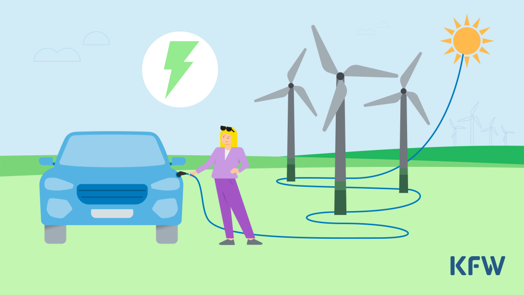 Die Grafik zeigt eine Frau, die ihr Elektroauto auflädt. Das Ladekabel ist symbolisch mit der Sonne verbunden, um die Nutzung erneuerbarer Energien darzustellen. Im Hintergrund sind Windräder zu sehen, die ebenfalls auf die zunehmende Verwendung von Grünstrom als Ladestrom für E-Autos hinweisen.