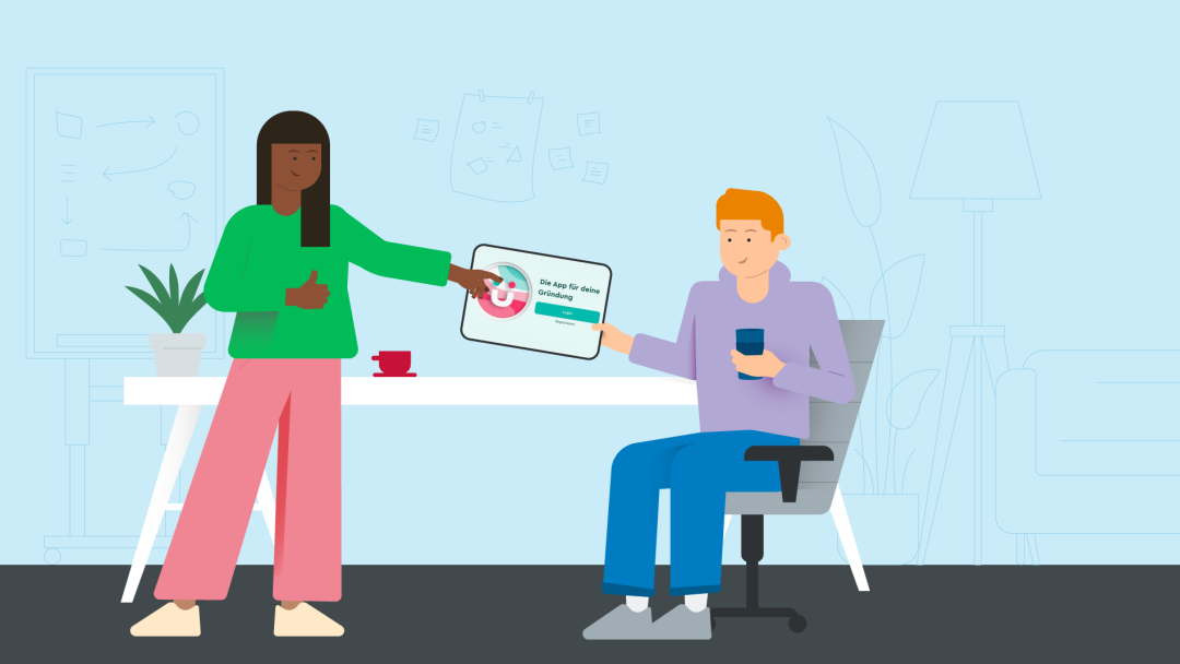 Die Grafik zeigt zwei Personen: Die rechts sitzende Person hält der links stehenden Person ein Tablet entgegen, auf dem „Die App für deine Gründung“ steht. Darunter sind zwei Buttons zum Anmelden und Registrieren. Die stehende Person tippt mit dem Zeigefinger auf den Bildschirm und zeigt mit der anderen Hand einen Daumen nach oben. 