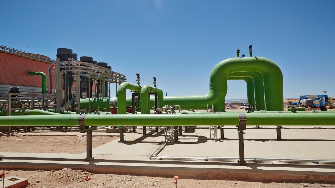 View of the technical equipment, in particular supply tubes of a solar power plant in the desert