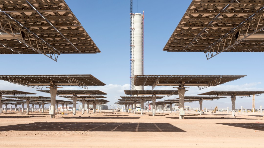 The solar tower station under construction on the solar field NOOR III