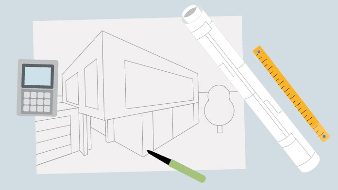 Lineal, Stift, Rechner und Zeichnungspapier eines Architekten