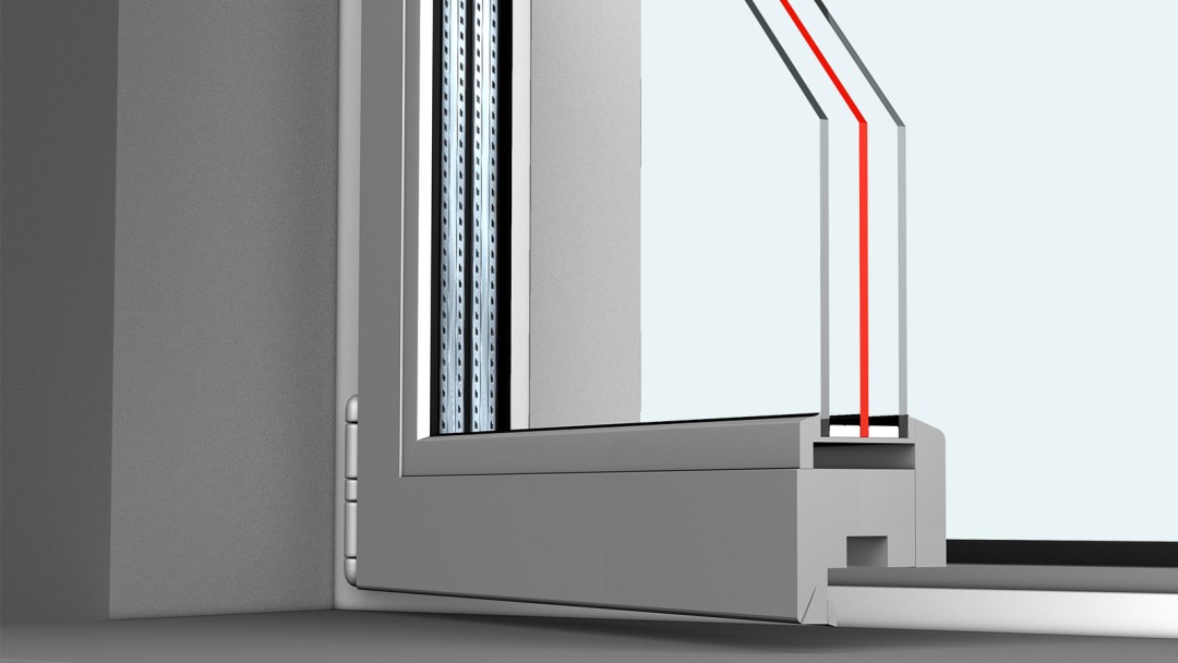 Dreifach-Fenster mit Wärmeschutzbeschichtung im Querschnitt