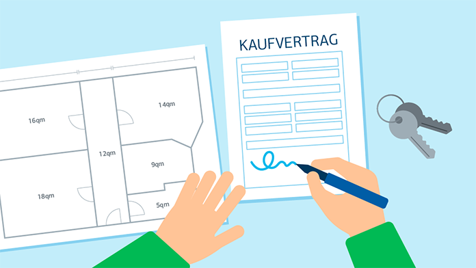 Grundriss der Eigentumswohnung, Kaufvertrag und Wohnungsschlüssel
