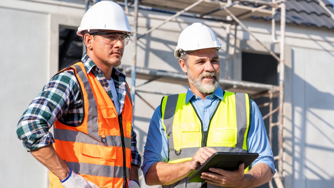 Energieeffizienz-Experten mit Sicherheitshelm und Warnwesten stehen auf einer Baustelle