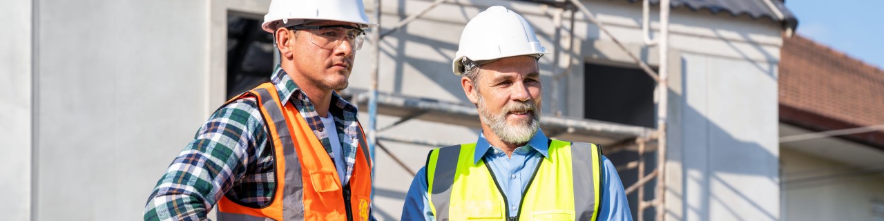 Zwei Energieeffizienz-Experten mit Sicherheitshelm und Warnwesten stehen auf der Baustelle eines Neubaus.