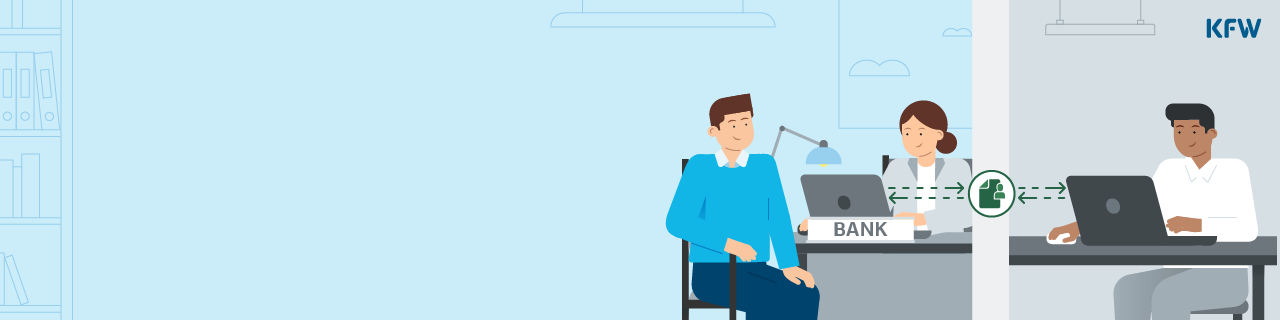 Eine Illustration, die das Hausbankprinzip skizziert, wie ein Kunde vor Ort und von zu Hause aus über den PC mit seinem Finanzierungspartner in den Austausch geht