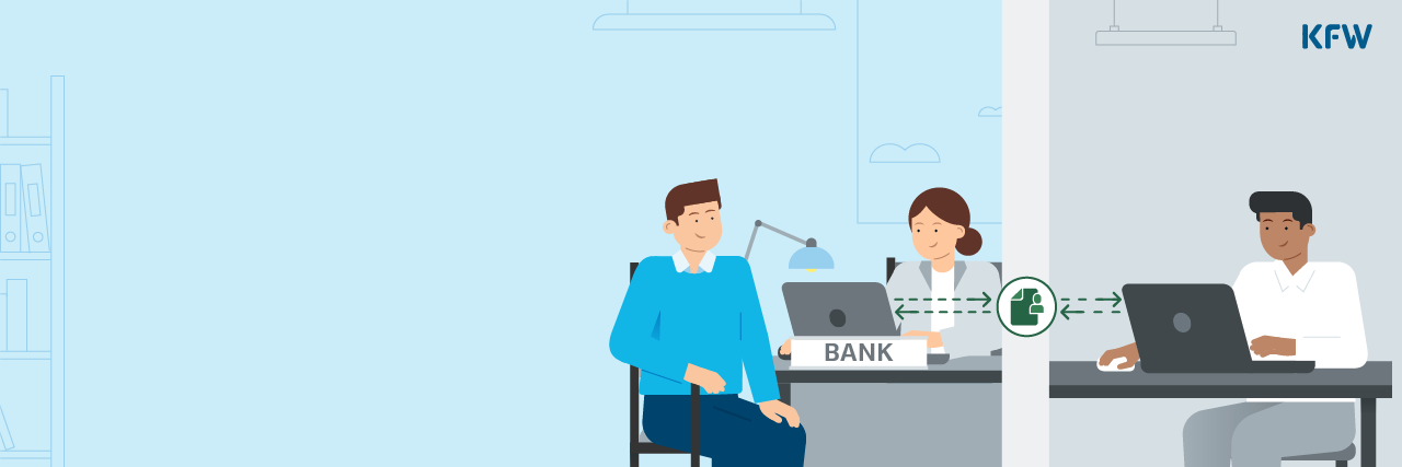 Eine Illustration, die das Hausbankprinzip skizziert, wie ein Kunde vor Ort und von zu Hause aus über den PC mit seinem Finanzierungspartner in den Austausch geht