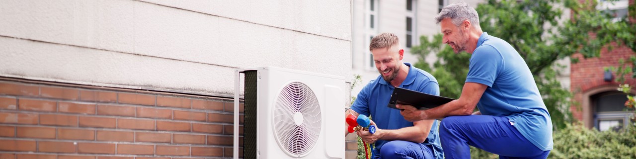 Handwerker, die eine Wärmepumpe an der Fassade eines Hauses anschließen