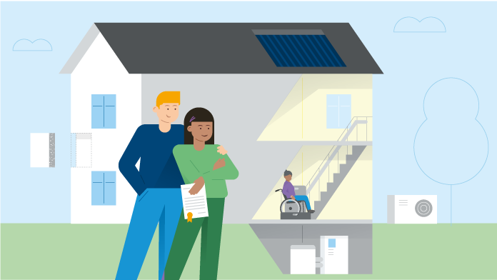 Schematischer Querschnitt eines Hauses mit Heizungsanlage und Familie.