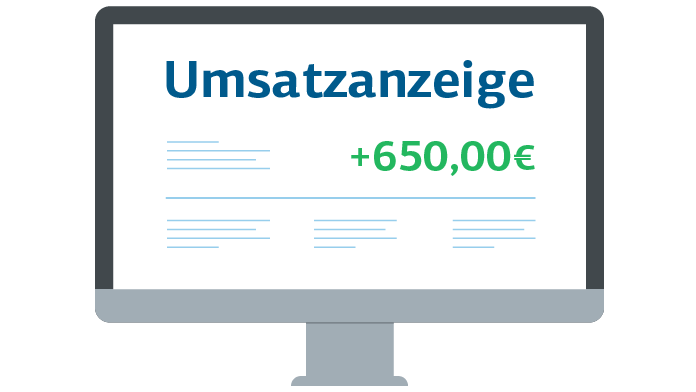 Grafik: Computer, auf dem eine Umsatzanzeige +650 Euro zu sehen ist