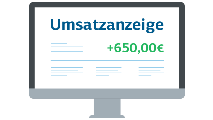 Grafik: Computer, auf dem eine Umsatzanzeige +650 Euro zu sehen ist