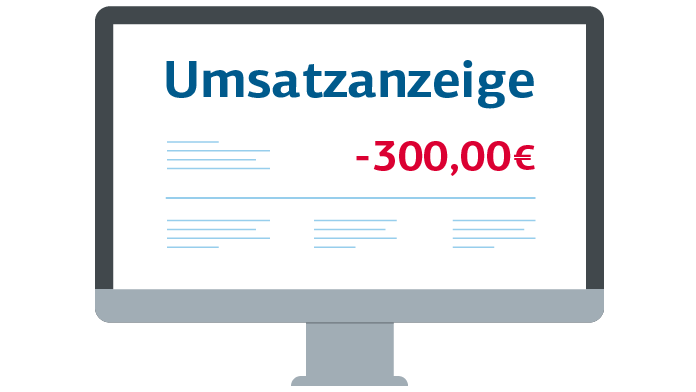 Grafik: Computer, auf dem eine Umsatzanzeige -300 Euro zu sehen ist