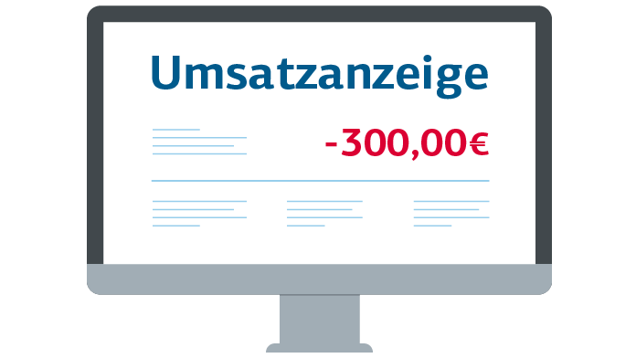 Grafik: Computer, auf dem eine Umsatzanzeige -300 Euro zu sehen ist