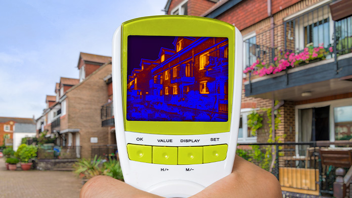 Gerät zeigt Infrarot-Thermovisionsbild, das die Wärmedämmung eines Hauses misst