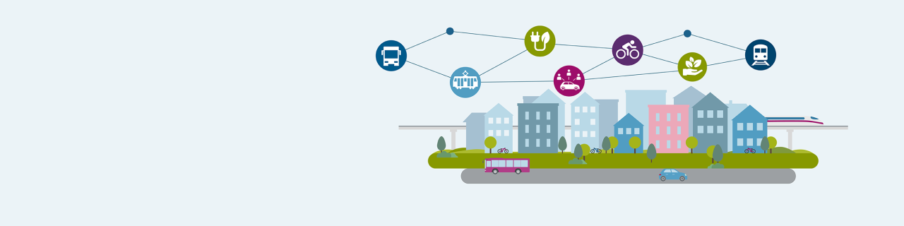 Darstellung einer Stadt, auf der unterschiedliche Verkehrsmittel miteinander vernetzt sind, um Mobilität nachhaltig zu gestalten
