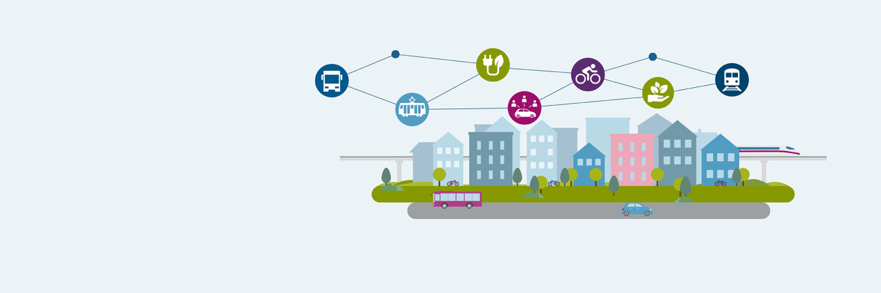 Darstellung einer Stadt, auf der unterschiedliche Verkehrsmittel miteinander vernetzt sind, um Mobilität nachhaltig zu gestalten